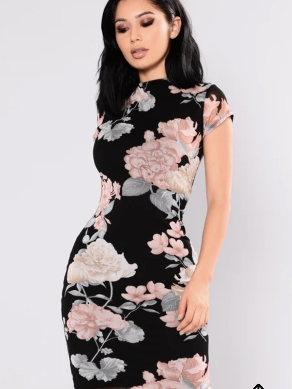 Fashion Nova Black Midi Dress with Blush Pink and Gray Floral Print
